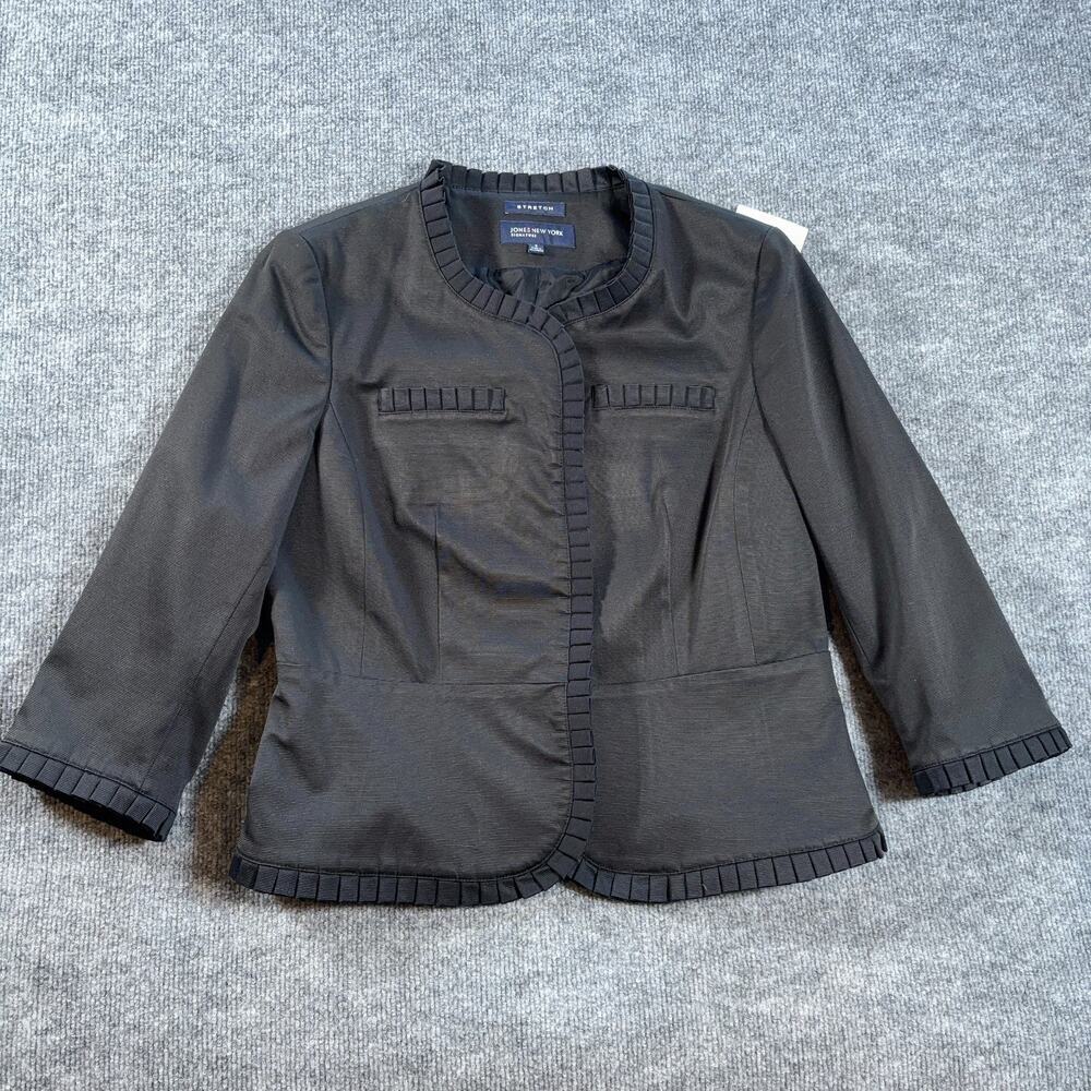 Jones New York Signature Blazer 8 Black Textured Jacket Pleated Ribbon Trim